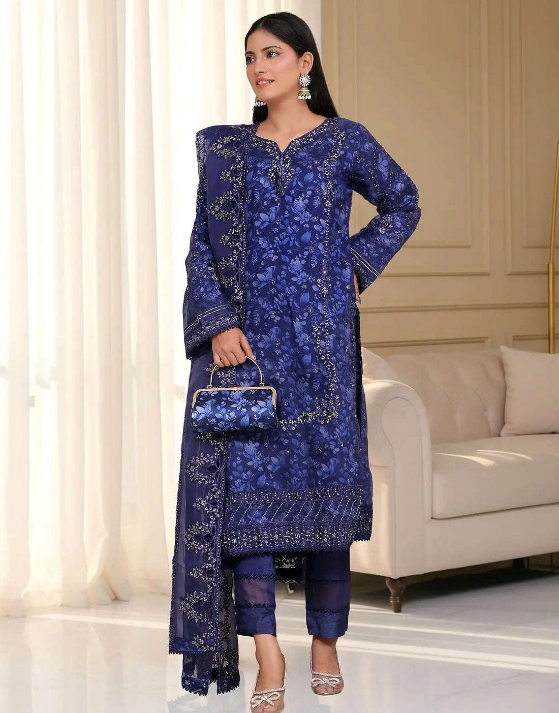 Haleema Semi-Stitched Premium Embroidered Blue Organza Party Dress with Matching Cutch Bag