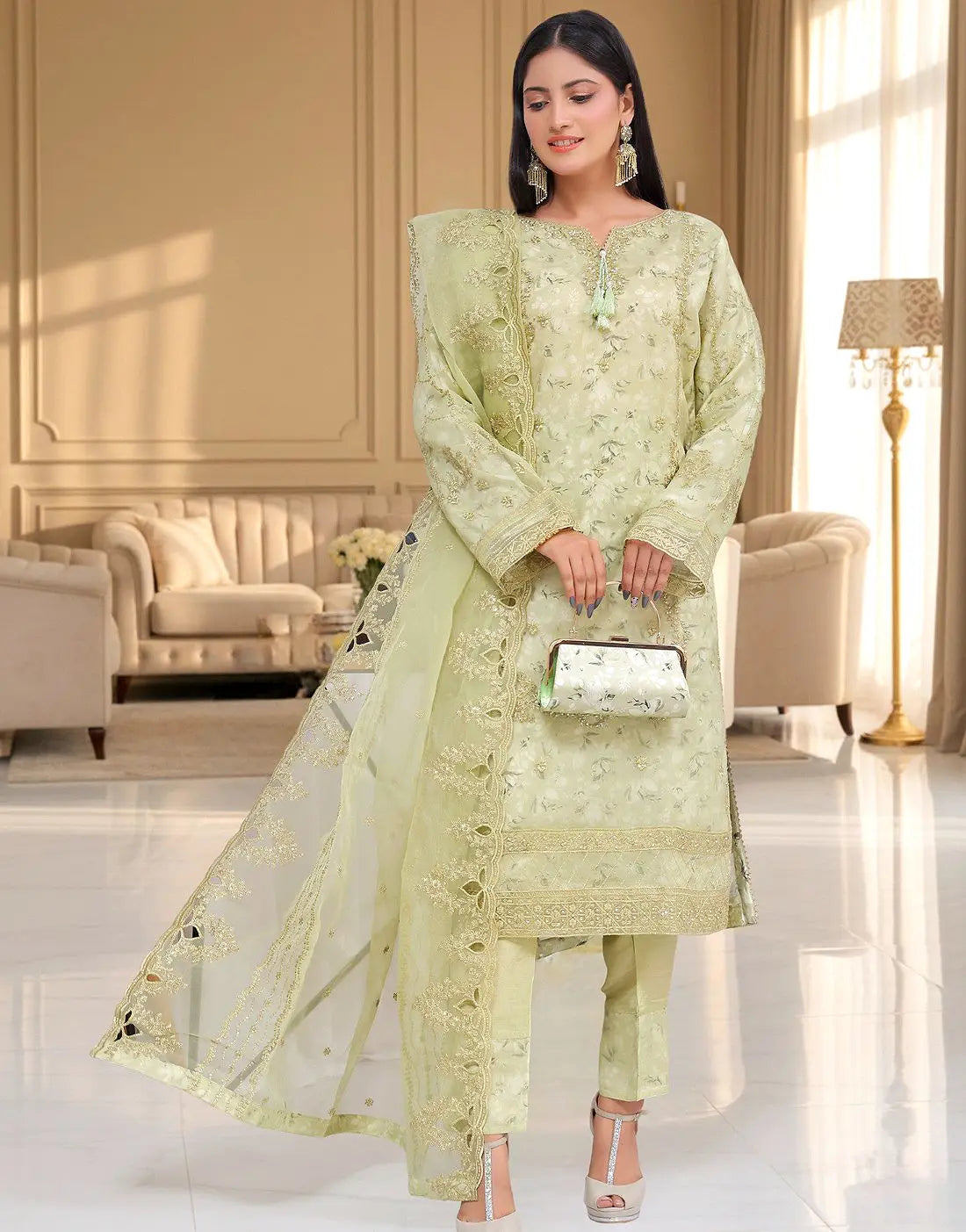 Haleema Semi-Stitched Premium Embroidered Organza Party Dress with Matching Cutch Bag