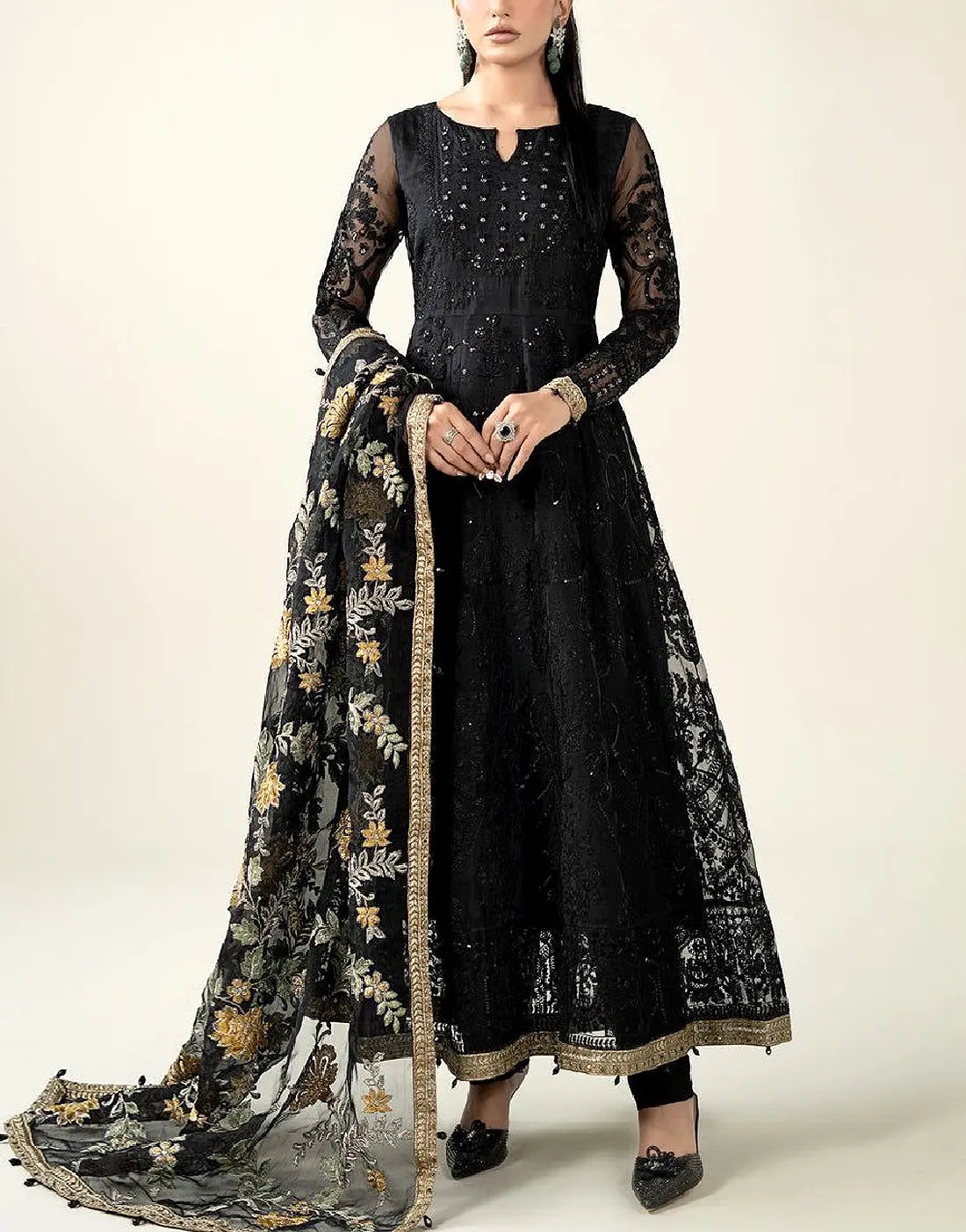 Premium Embroidered with Handwork Black Organza Party Frock for Pakistani Events