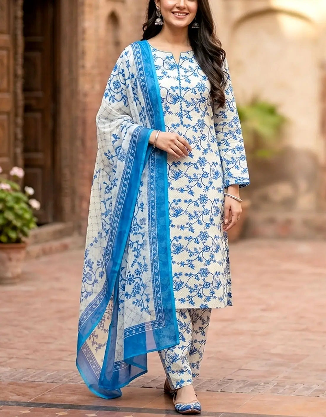 All-Over Flower Print 3-Piece Lawn Dress with Soft Chiffon Dupatta