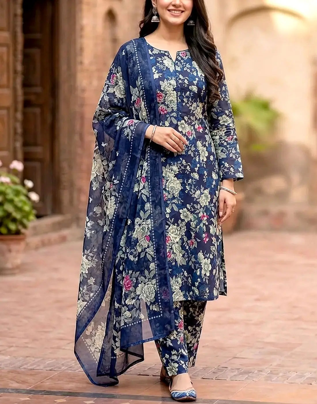 All-Over Flower Print 3-Piece Lawn Suit for Girls with Soft Chiffon Dupatta