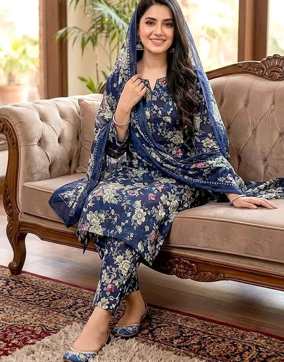 All-Over Flower Print 3-Piece Lawn Suit for Girls with Soft Chiffon Dupatta