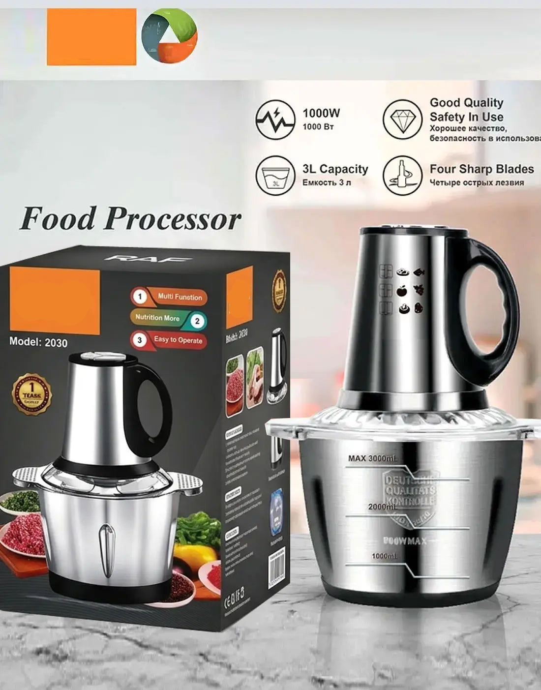 3L Food Processor, Vegetable & Meat Chopper, Qeema Machine – Stainless Steel Bowl 1000W