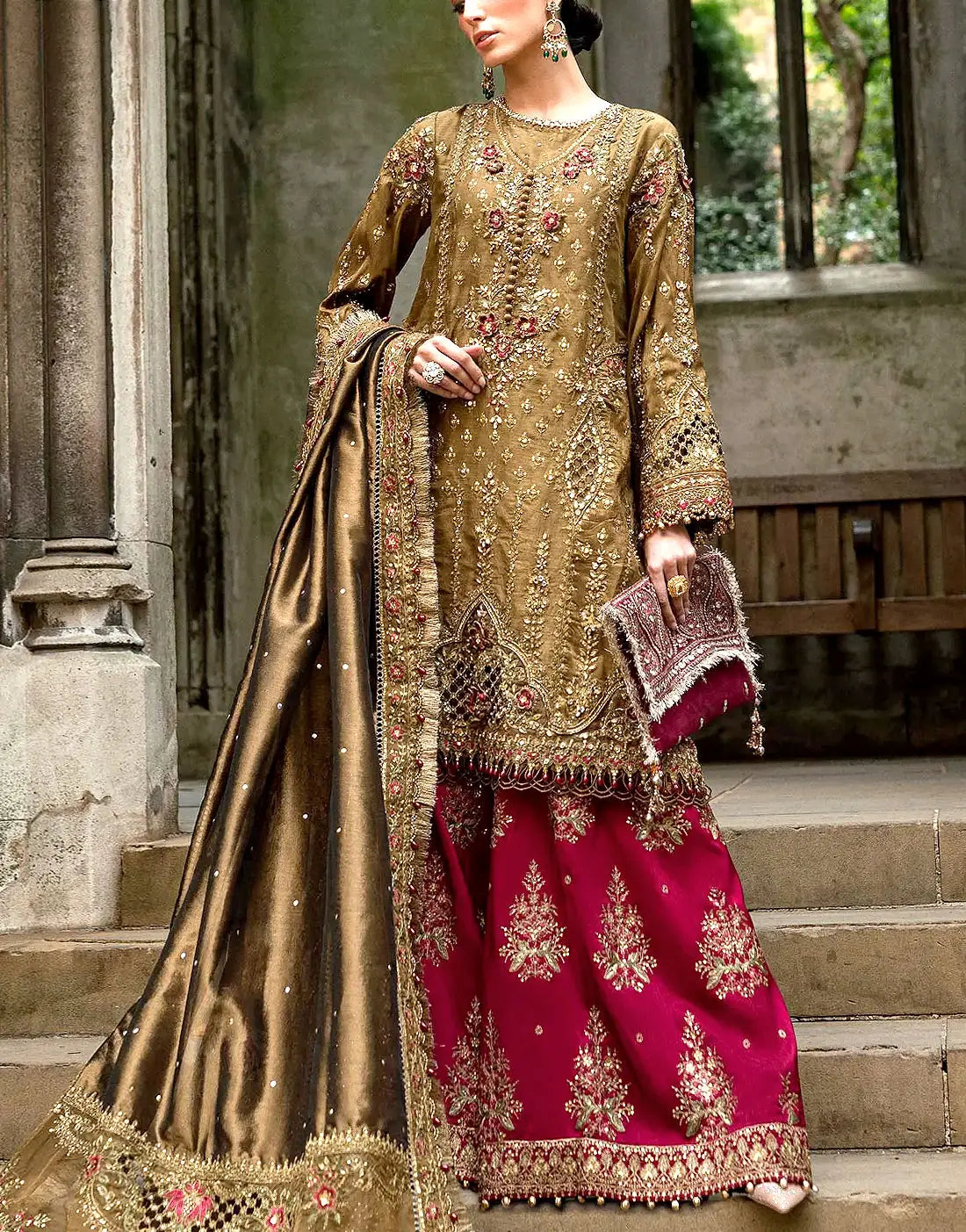 Glamorous Embroidered Antique Gold Raw Silk Bridal Dress with Hand  Embellishments  Best Price Online in Pakistan