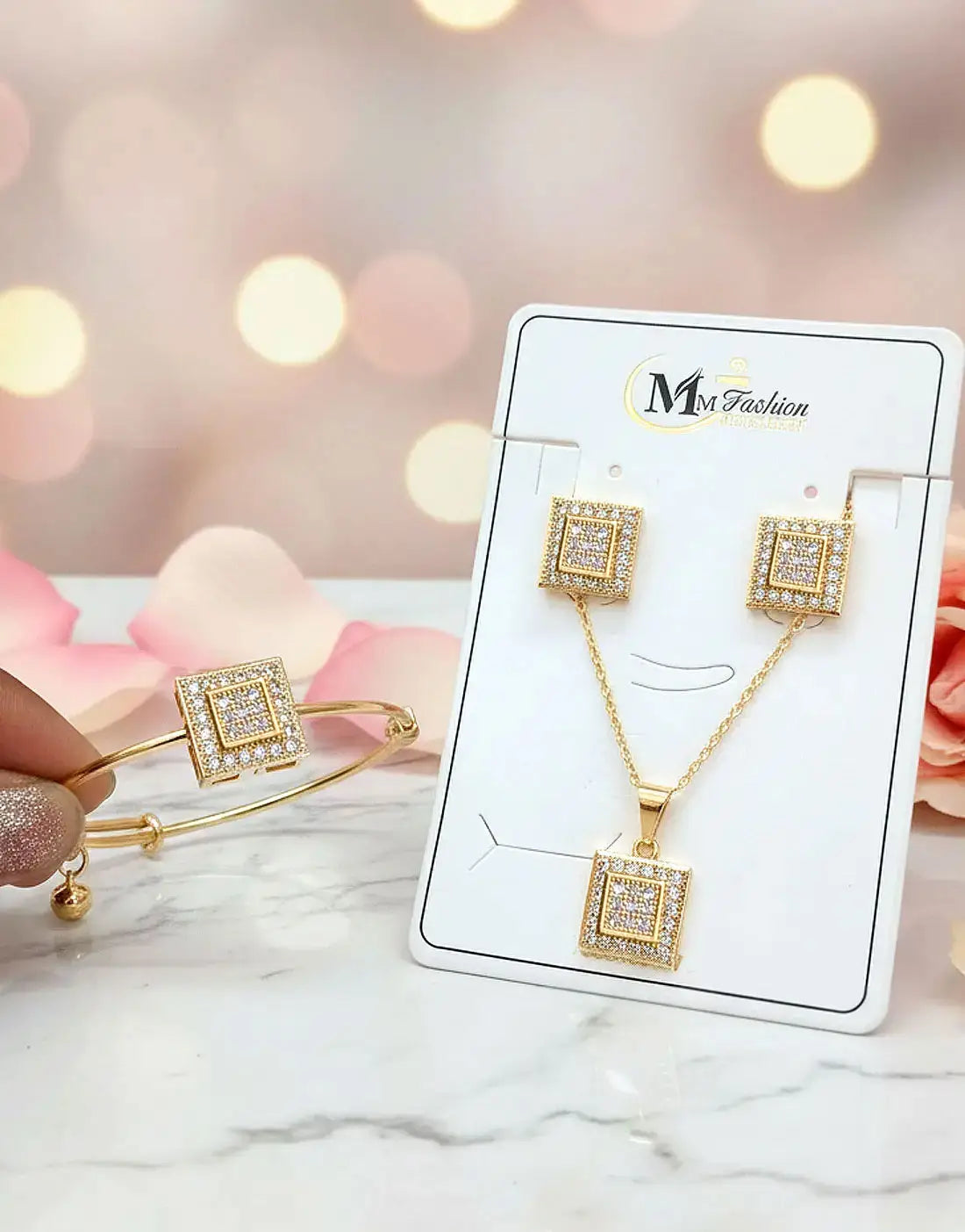 Rhinestone Studded Gold Plated Jewelry Set with Bracelet, Earrings and Necklace