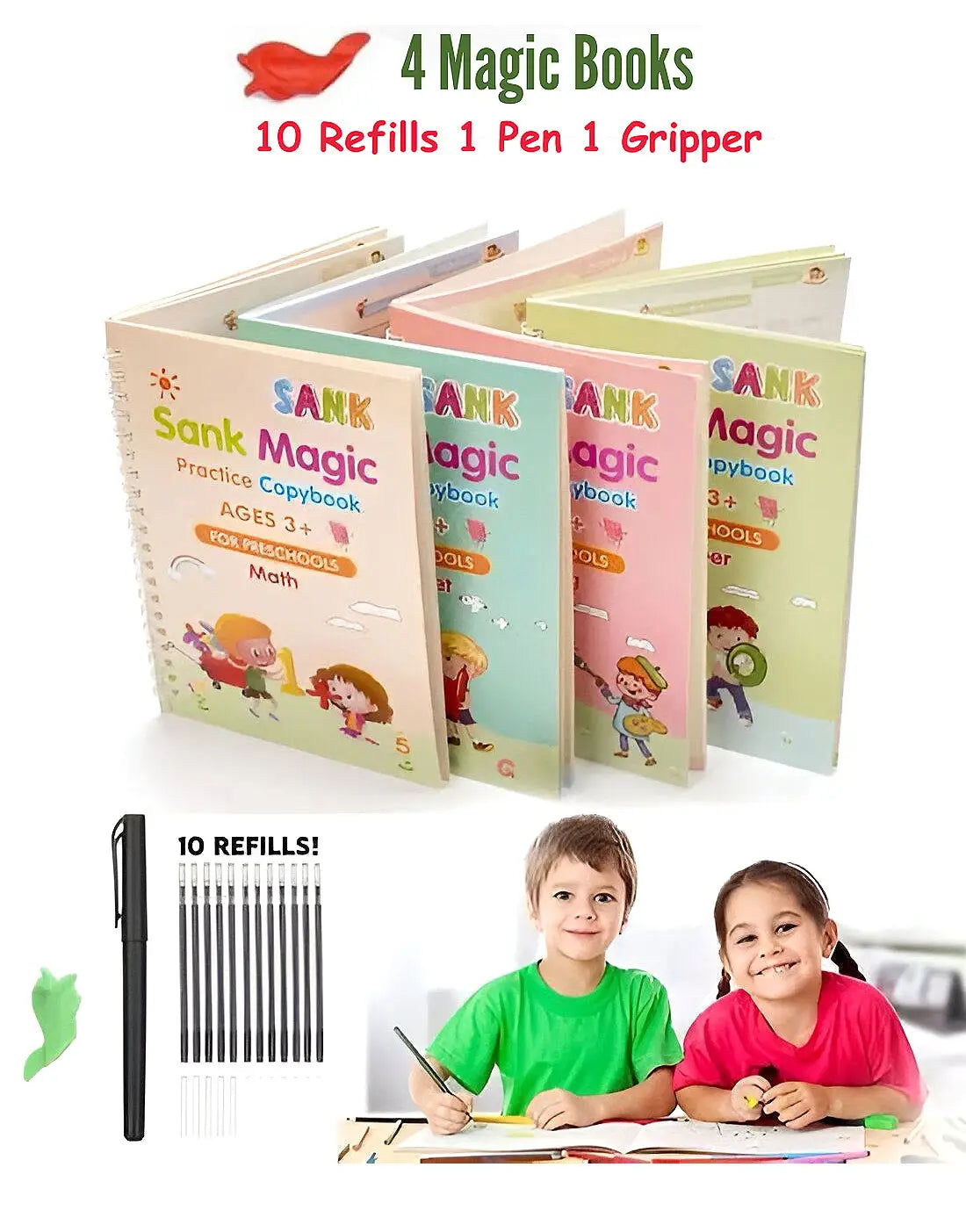 Sank Magic Reusable 4 Practice Copybook + Magic Pen with 10 Refills