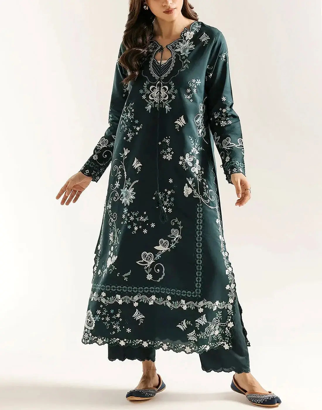 Trendy 2-Piece Embroidered Bottle Green Silk Kaftan Dress for Girls
