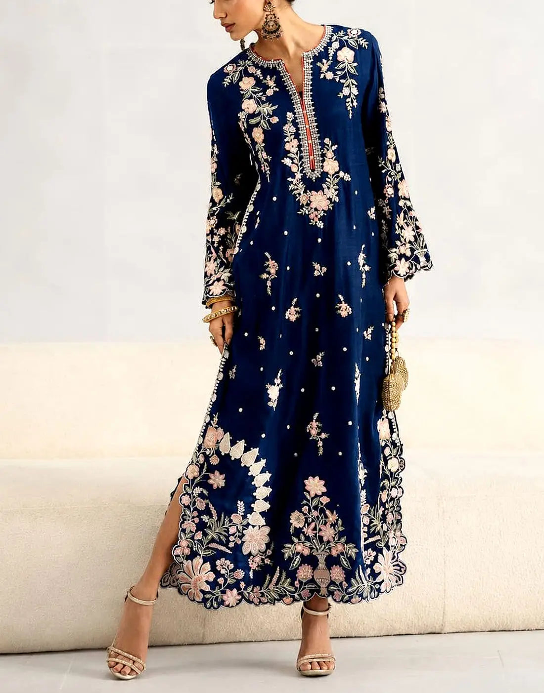 Trendy 2-Piece Embroidered Navy Blue Silk Kaftan Dress for Girls