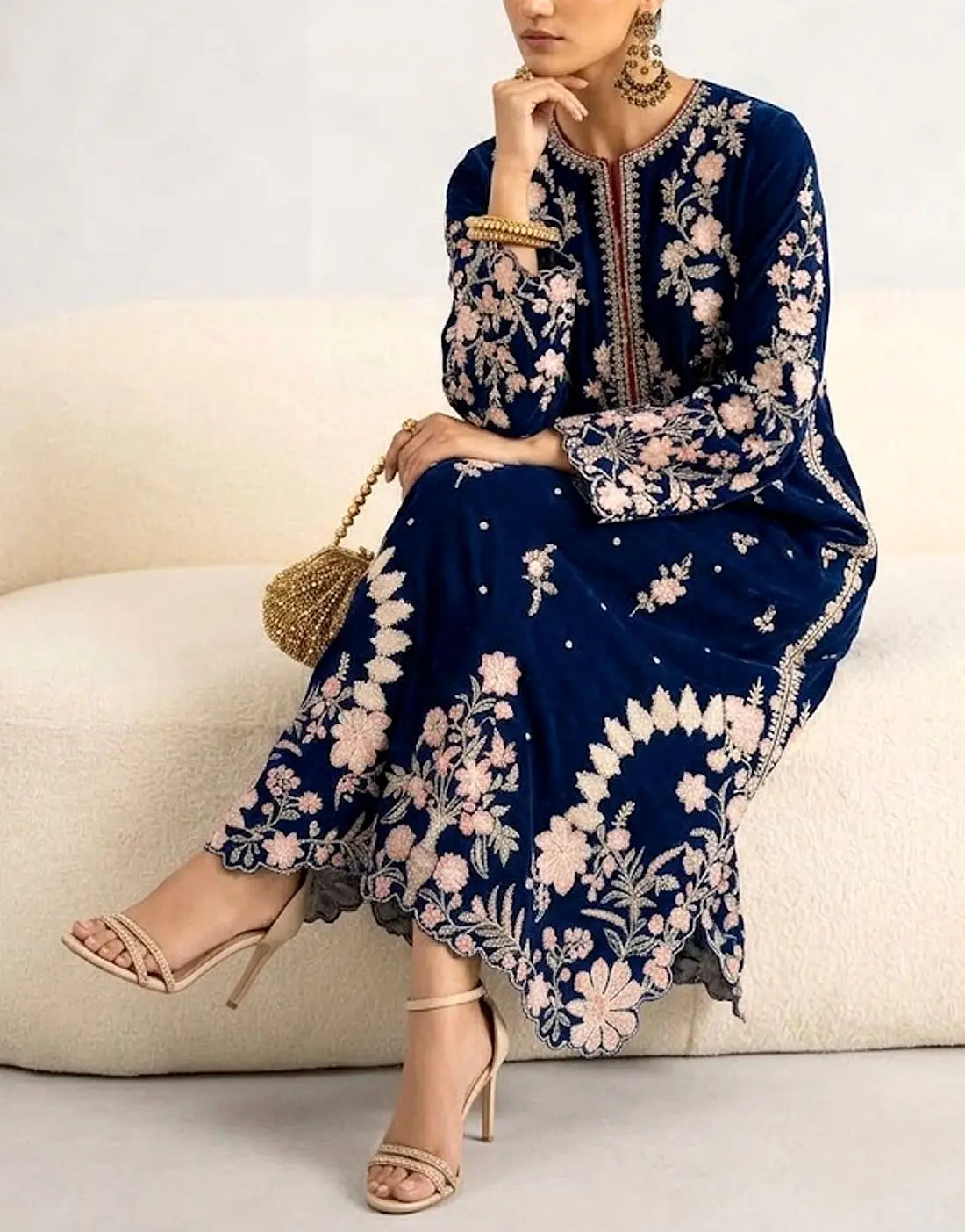 Trendy 2-Piece Embroidered Navy Blue Silk Kaftan Dress for Girls