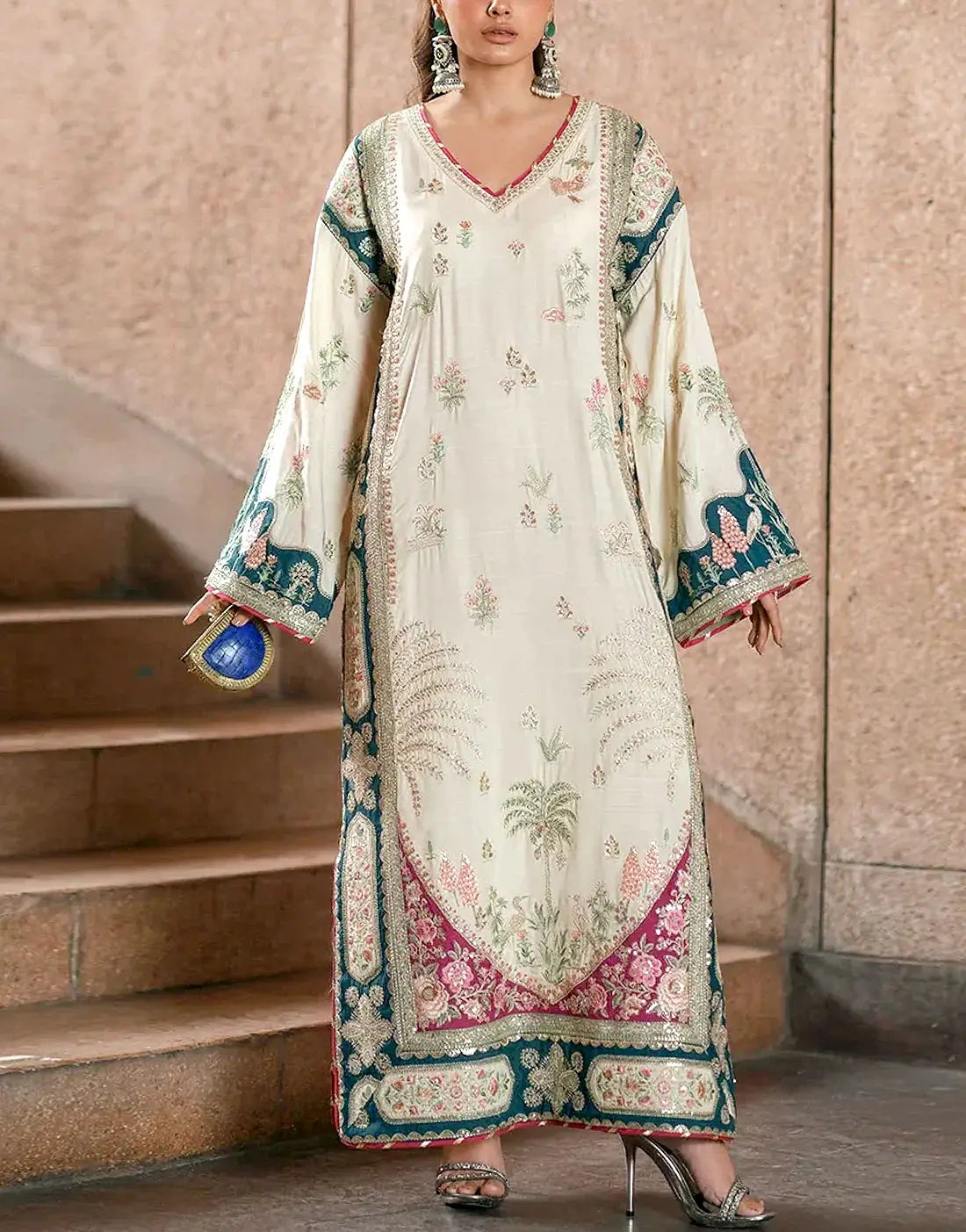 Trendy Embroidered Off‑White Silk Modern Kaftan Dress – For Formals & Party Wear 2026