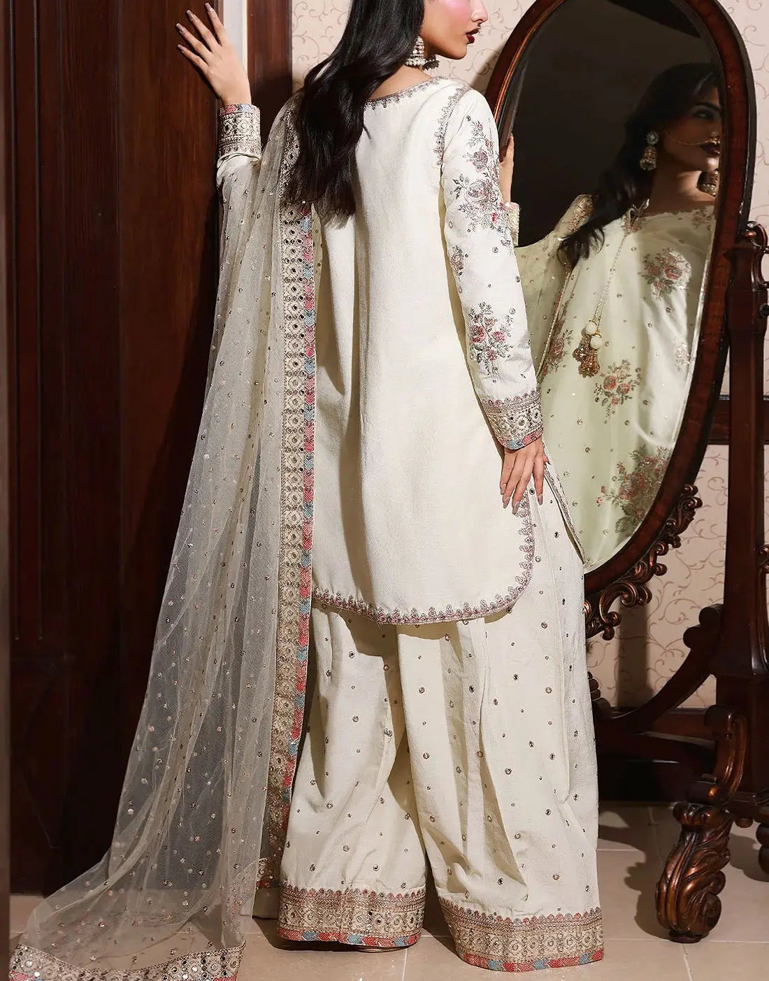 Elegant Embroidered Raw Silk Party Wear Dress with Emb. NET Dupatta