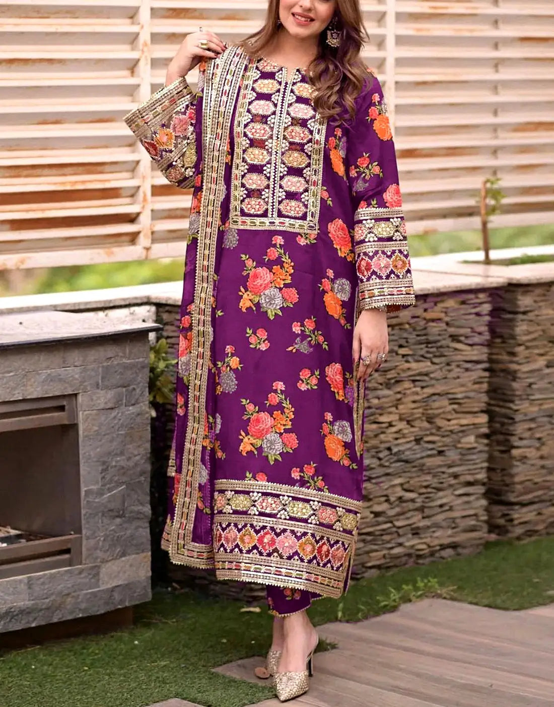 Aneela's Digital Print Embroidered Purple Silk Party Wear Dress
