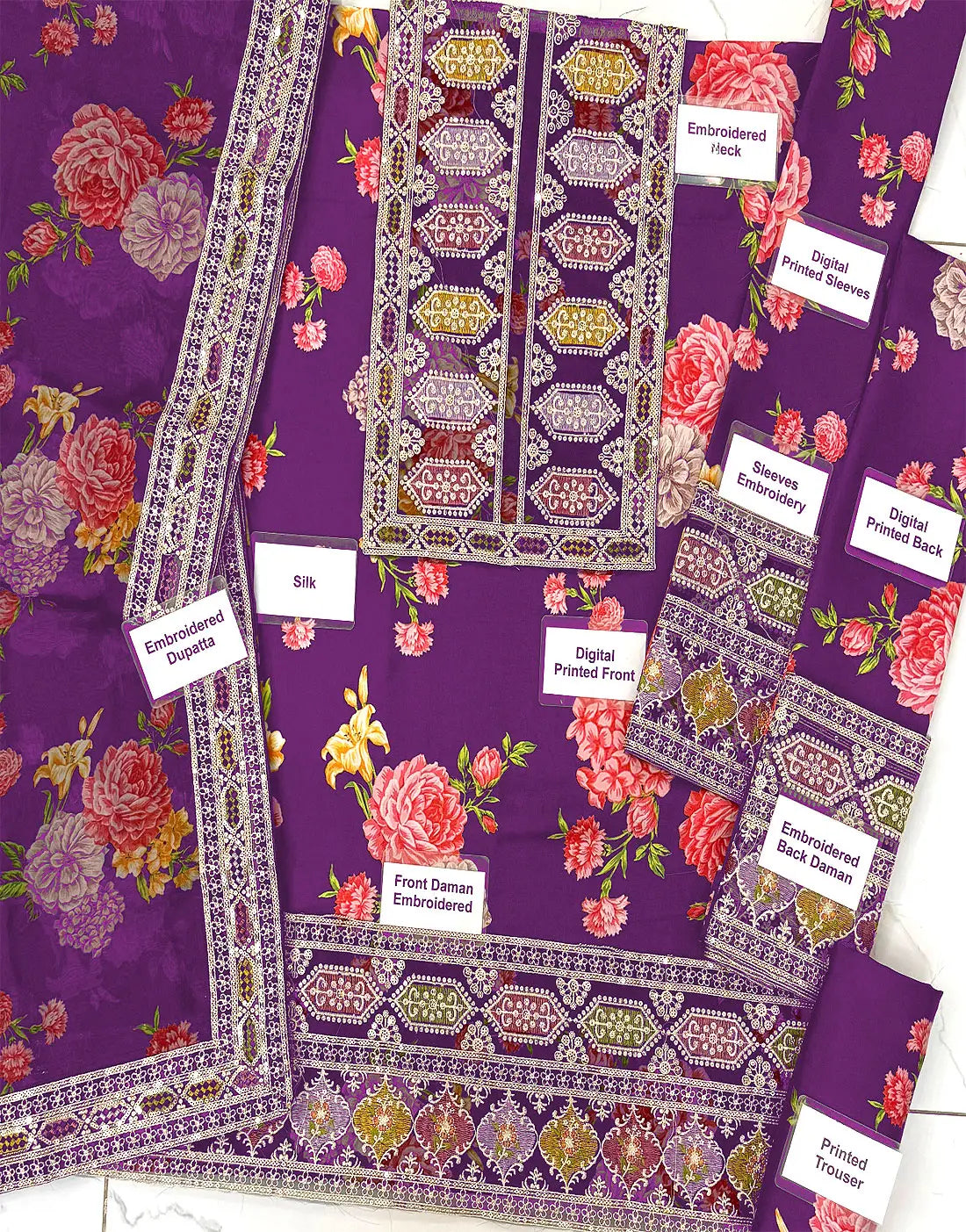 Aneela's Digital Print Embroidered Purple Silk Party Wear Dress - Most Demanding Design