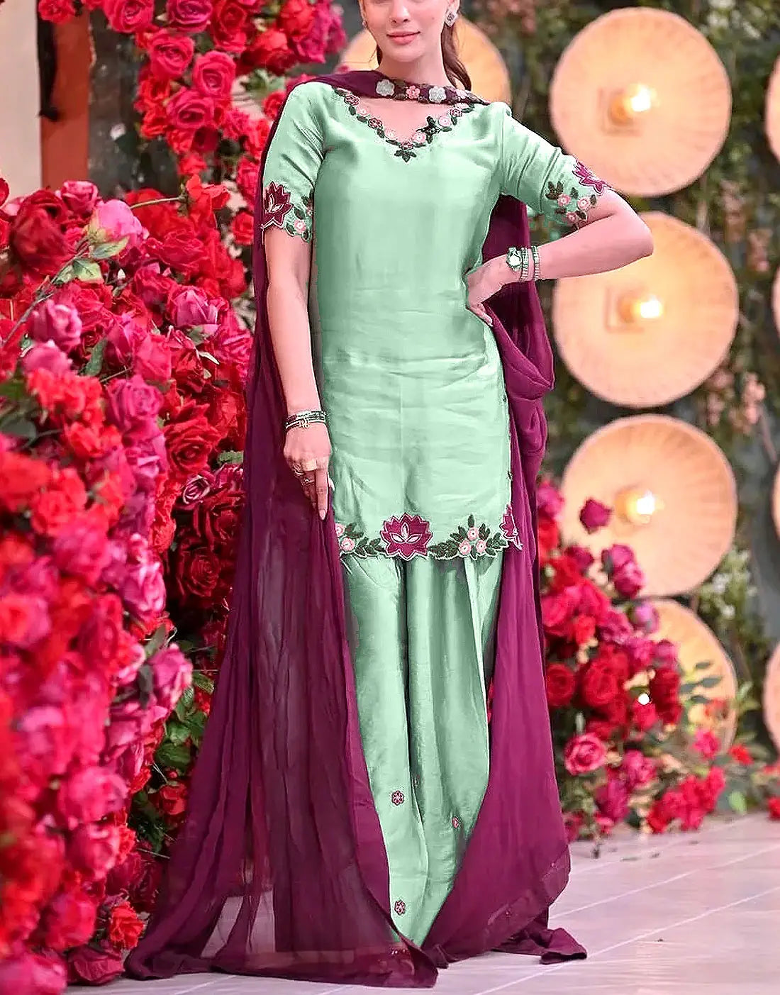 Elegant Fancy Embroidered Mint Green Silk Party Dress for Women – Stylish Formal Design