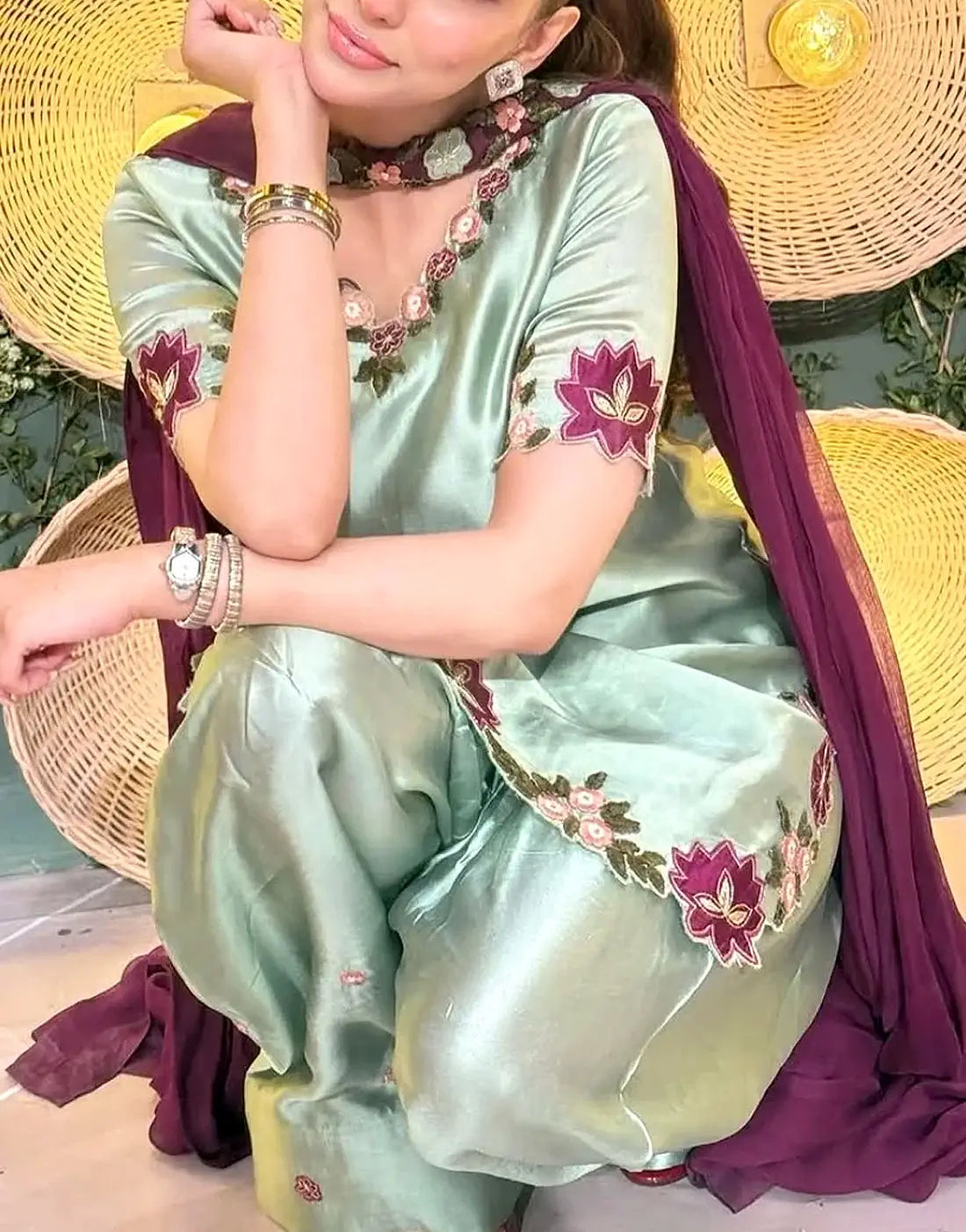 Elegant Fancy Embroidered Mint Green Silk Party Dress for Women – Stylish Formal Design