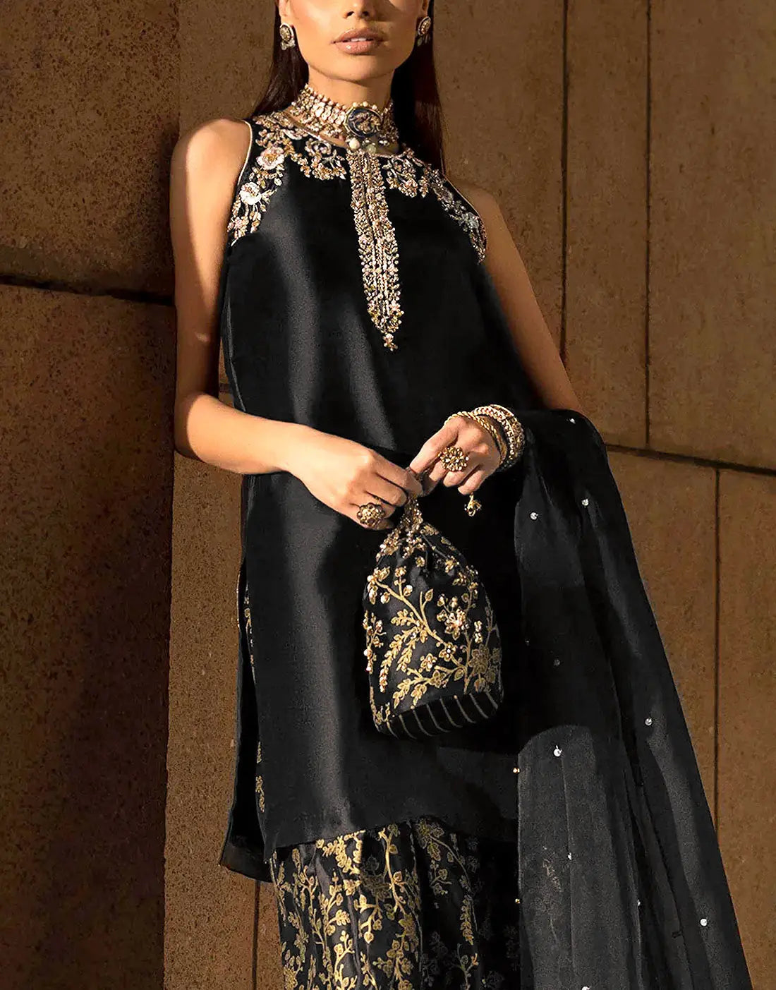 Elegant Fancy Embroidered Black Silk Party Dress for Women – Stylish Formal Design