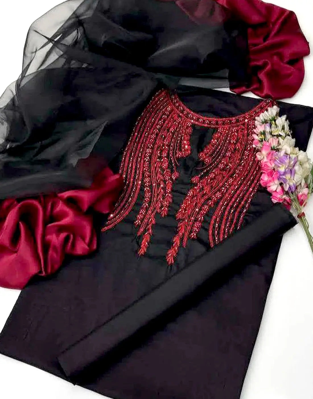 Elegant Embroidered Black Silk Party Dress with Hand‑Embellished Neck Design