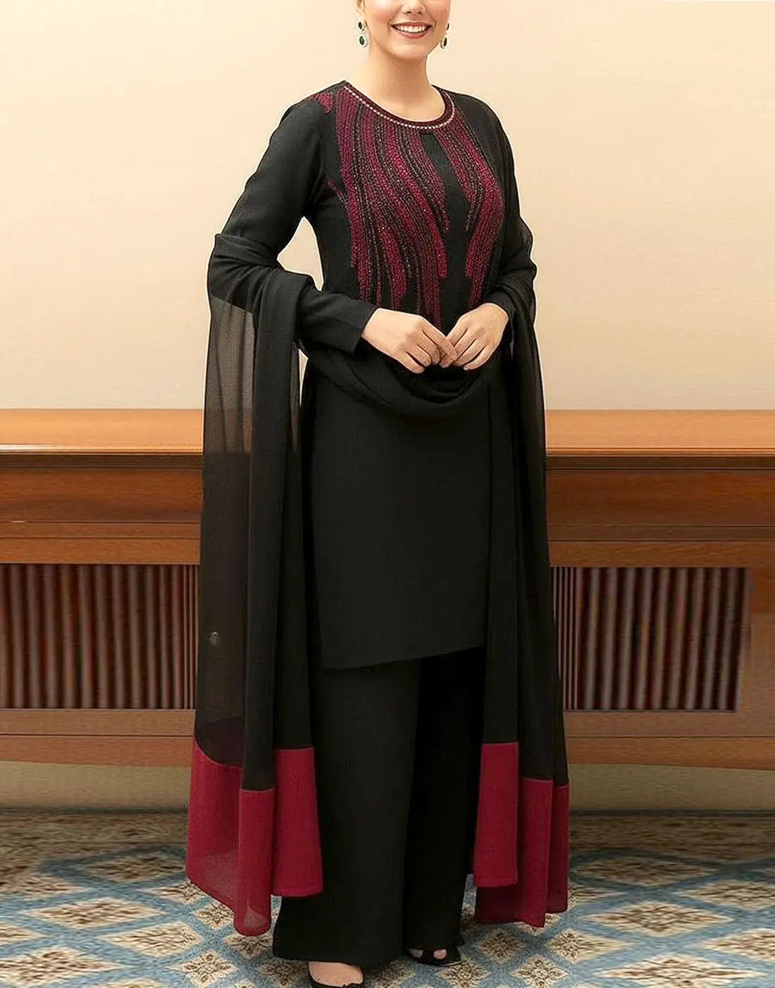 Elegant Embroidered Black Silk Party Dress with Hand‑Embellished Neck Design