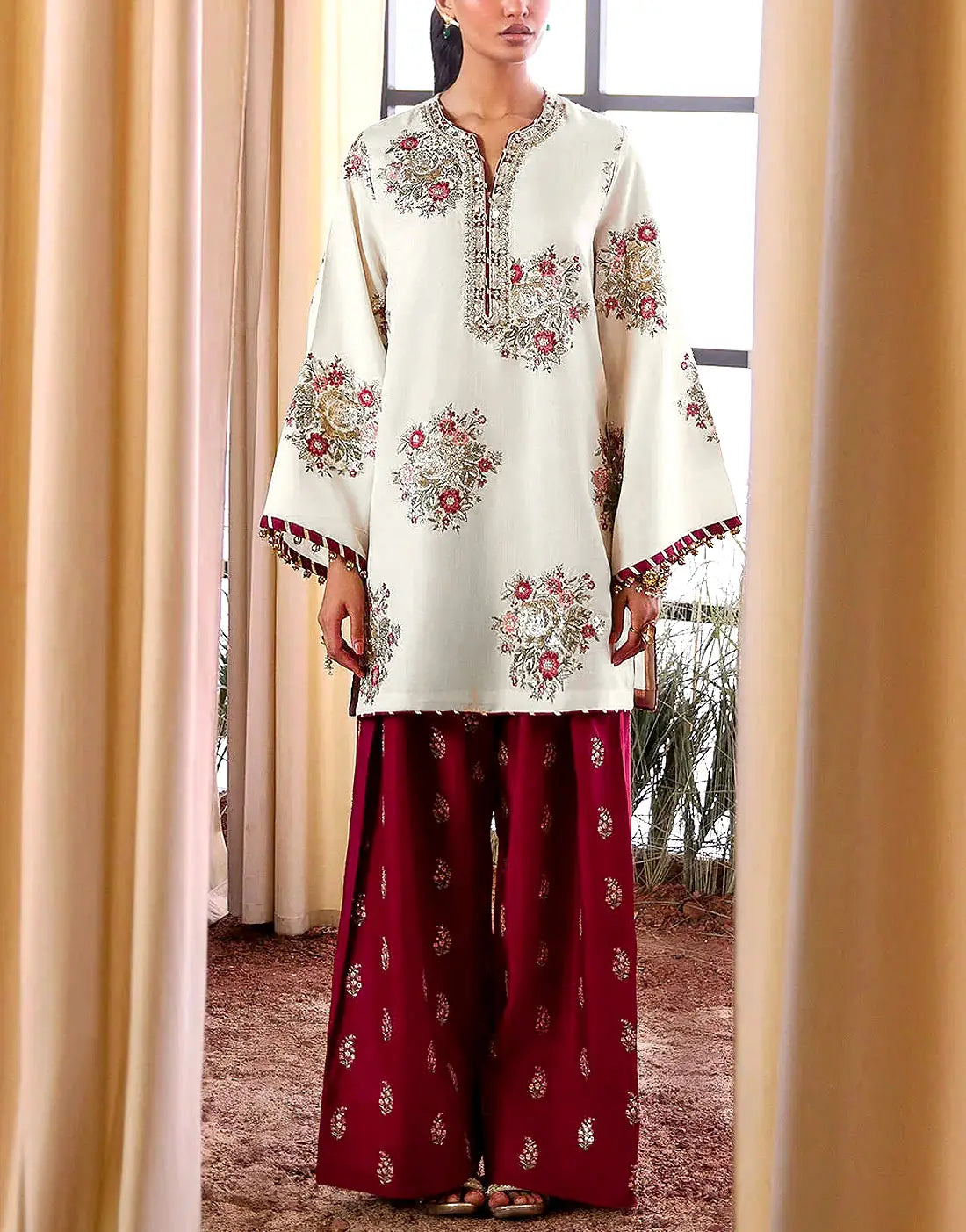 Trendy 2-Piece Embroidered Silk Party Wear Dress with Embroidered Trouser