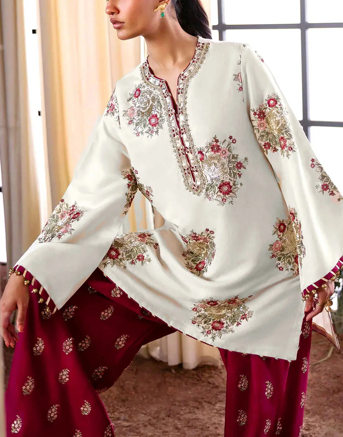 Trendy 2-Piece Embroidered Silk Party Wear Dress with Embroidered Trouser