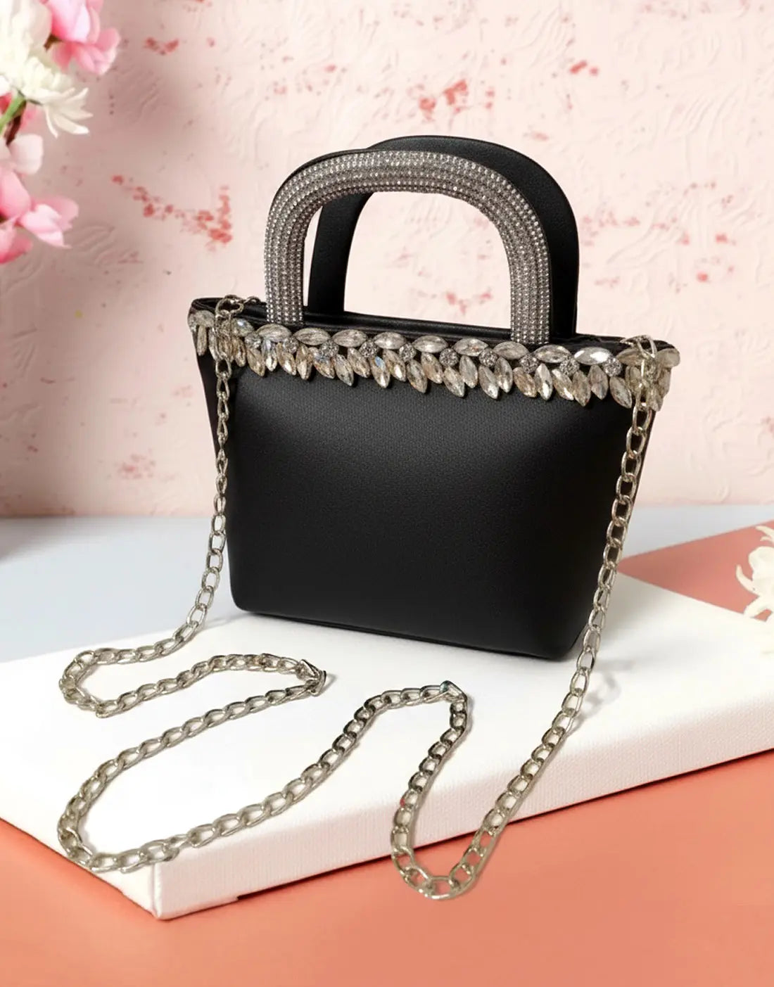 Black Glam Shine Mini Tote Bag with Sparkle Handle and Studs
