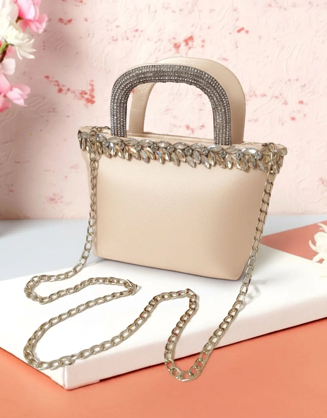 Beige Glam Shine Mini Tote Bag with Sparkle Handle and Studs