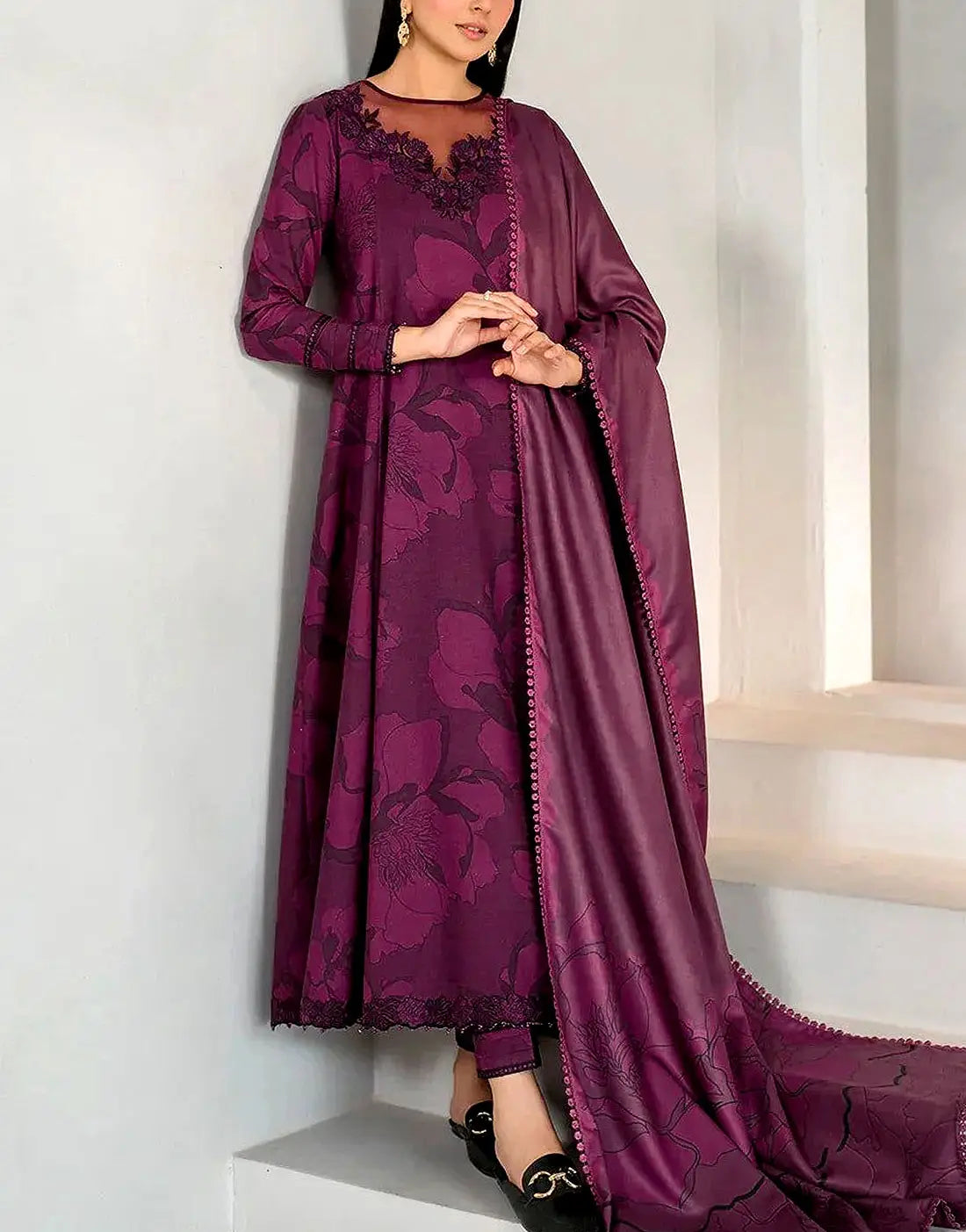 All-Over Digital Print Embroidered EID Lawn Dress with Silk Dupatta