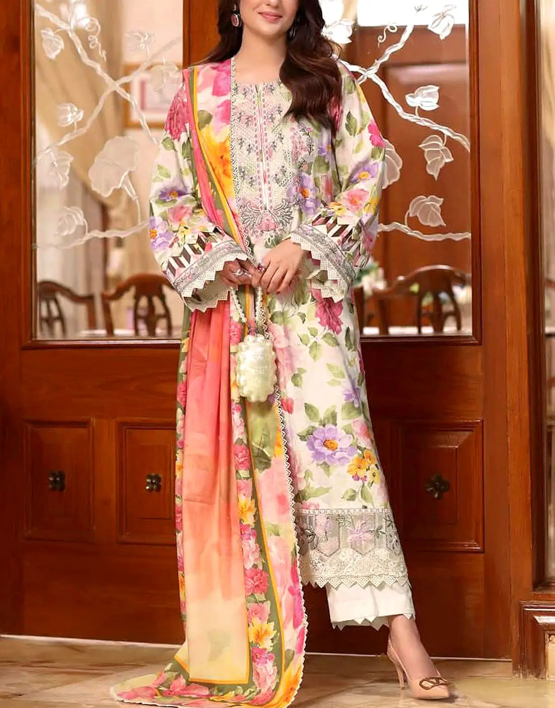 All-Over Flower Print Embroidered EID Lawn Suit with Emb. Chiffon Dupatta