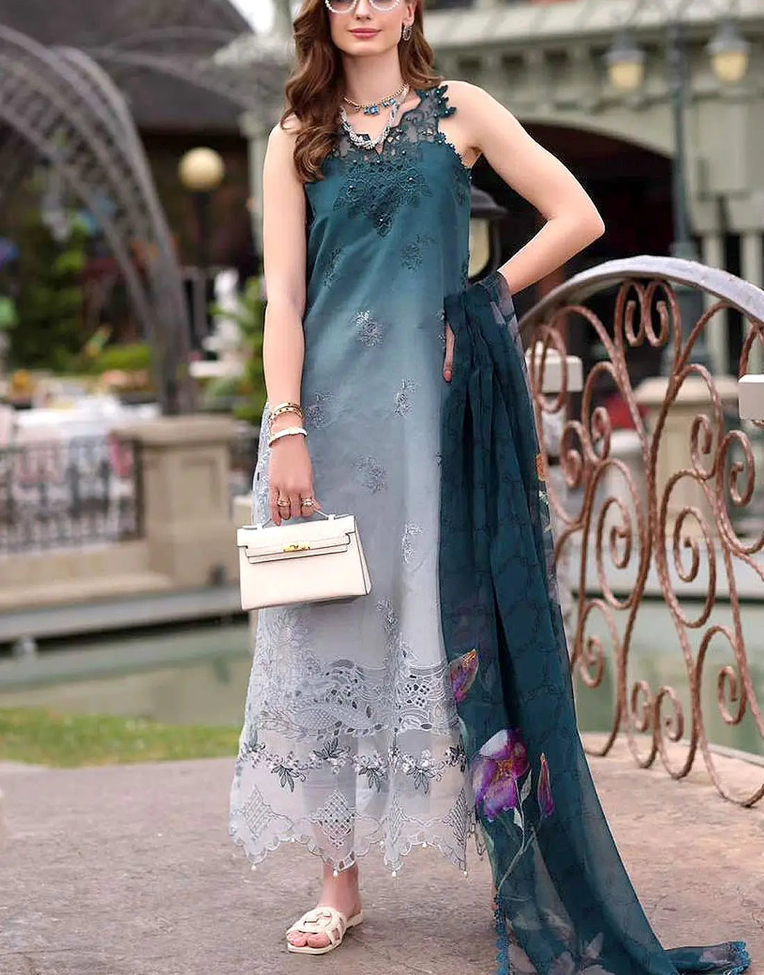 Trendy Ombre Embroidered Lawn Dress with Printed Silk Dupatta