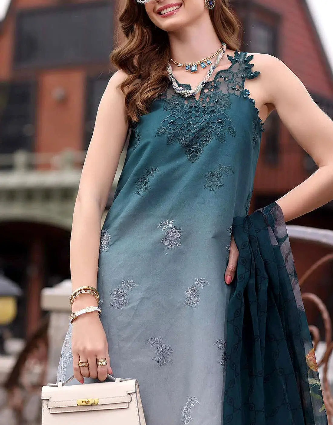 Trendy Ombre Embroidered Lawn Dress with Printed Silk Dupatta