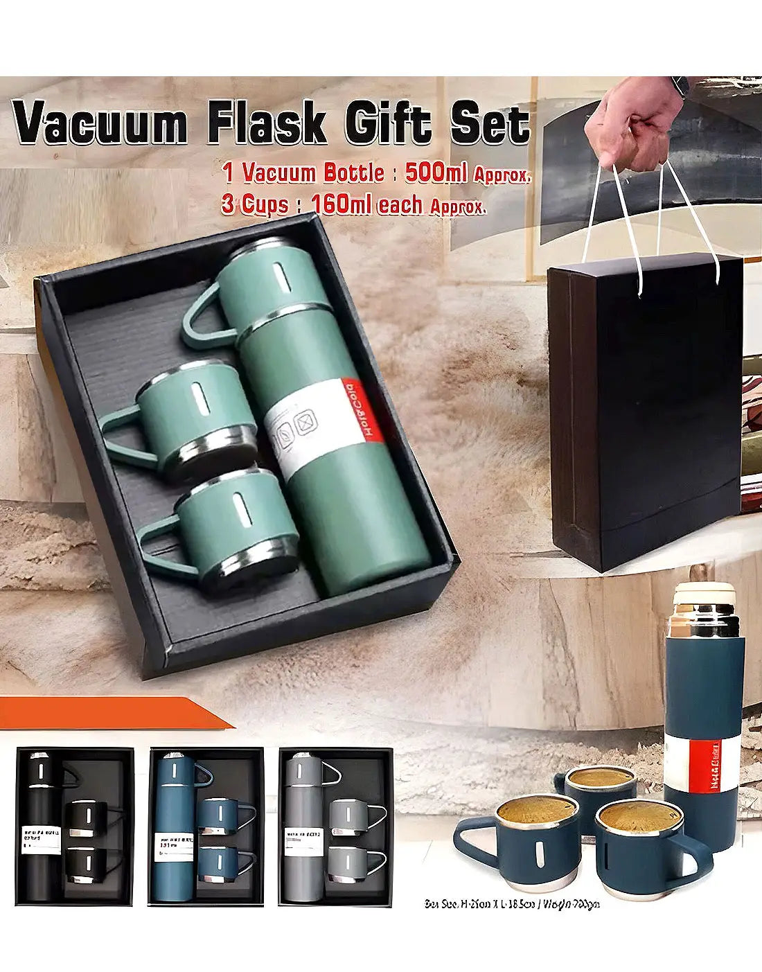 3 Cup Double-Layer Stainless Steel Vacuum Flask Set - 500ml