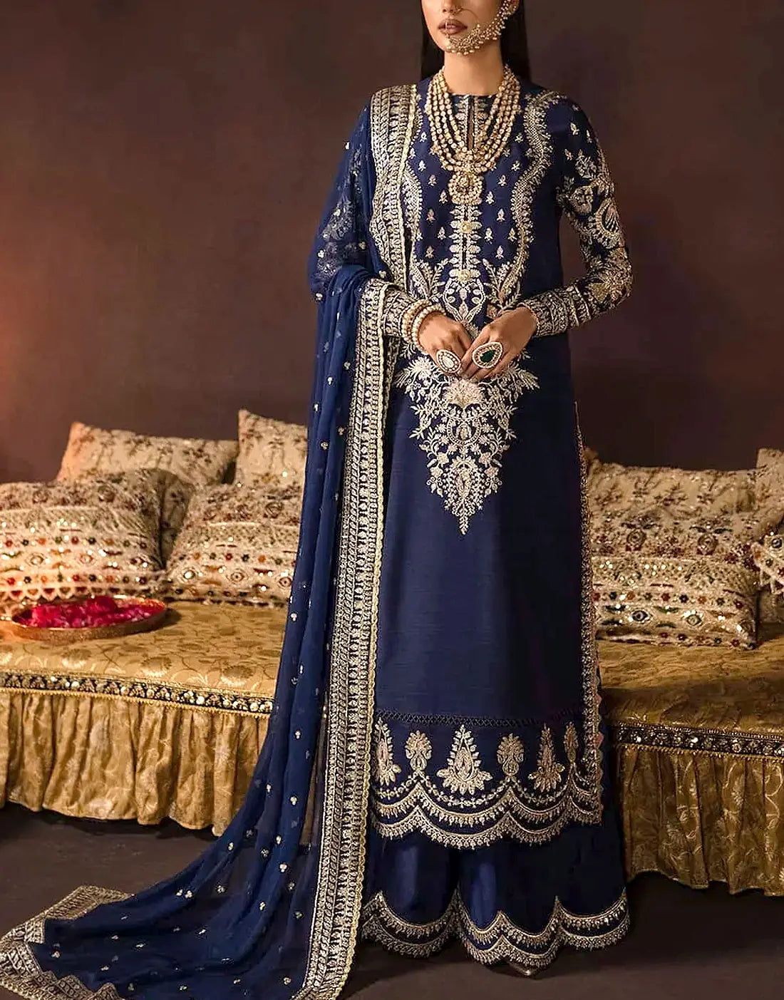 Luxurious Embroidered Navy Blue Velvet Dress with Rich Embellishments