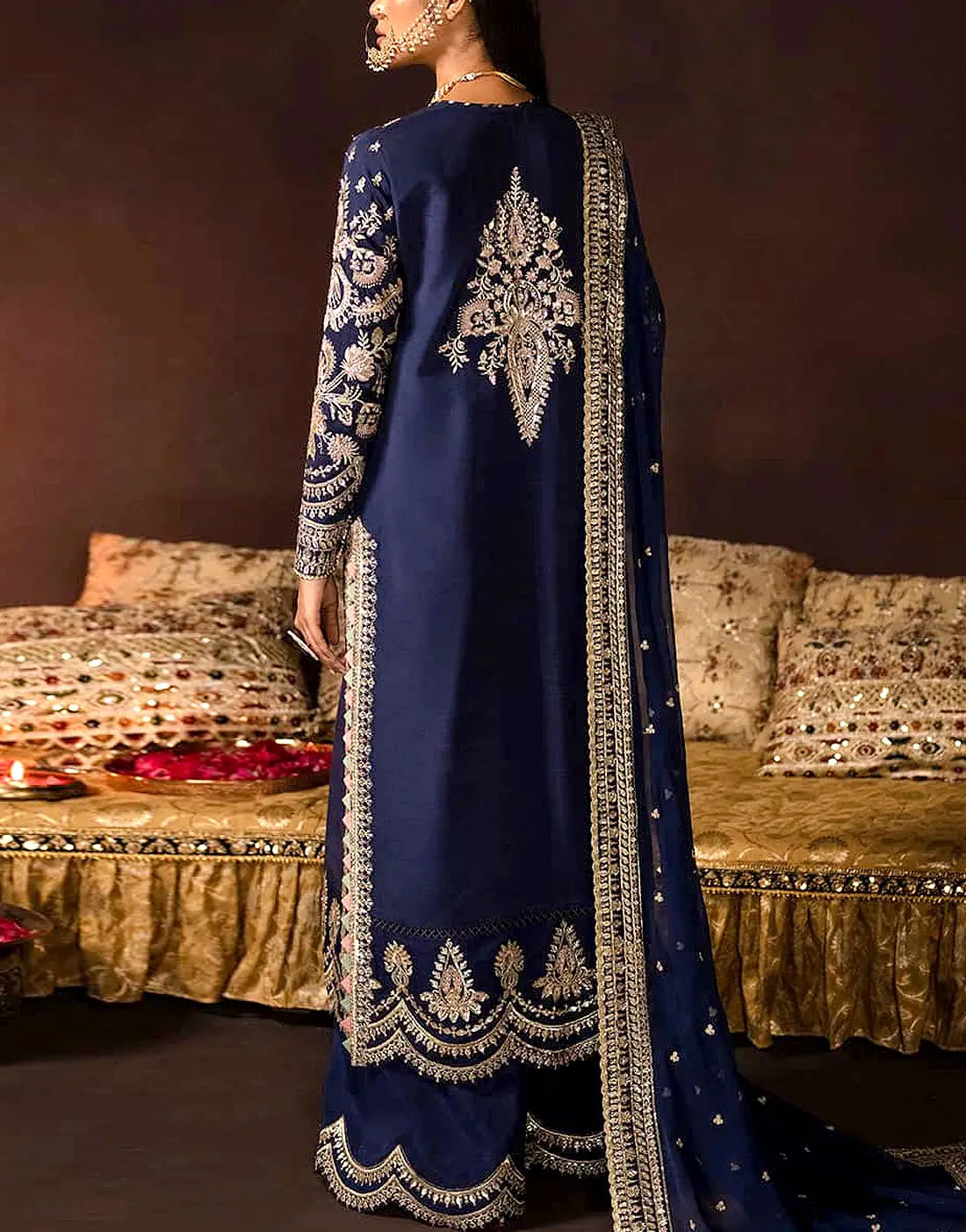 Luxurious Embroidered Navy Blue Velvet Dress with Rich Embellishments