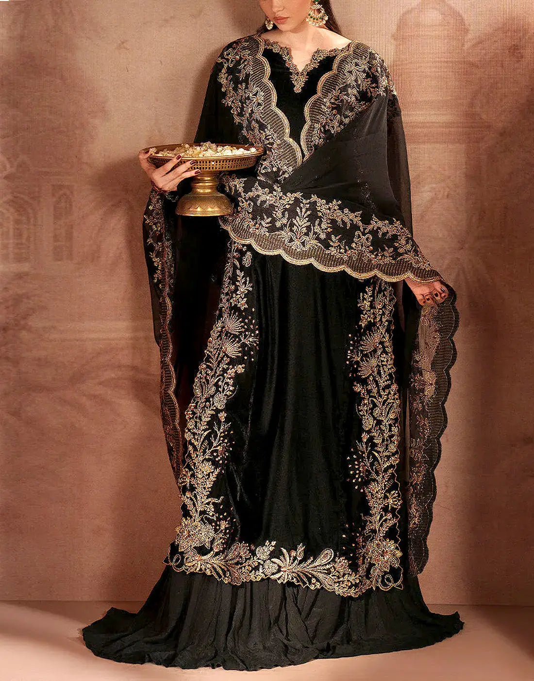 Lavish Heavy Embroidered Black Velvet Dress for Parties & Wedding Functions