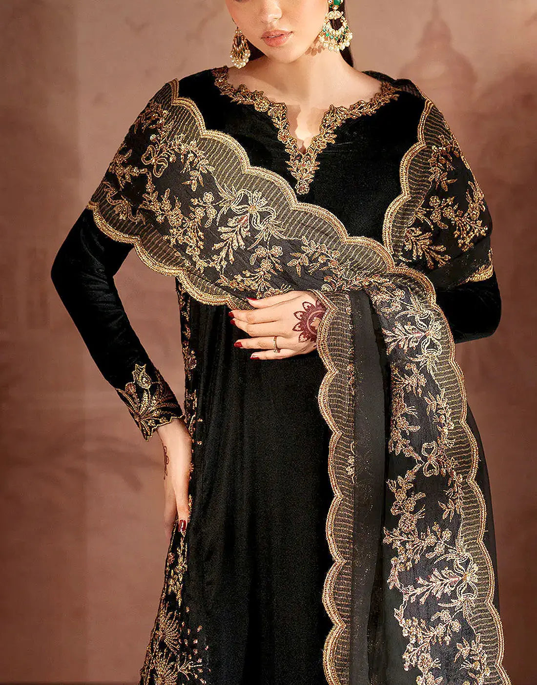 Lavish Heavy Embroidered Black Velvet Dress for Parties & Wedding Functions