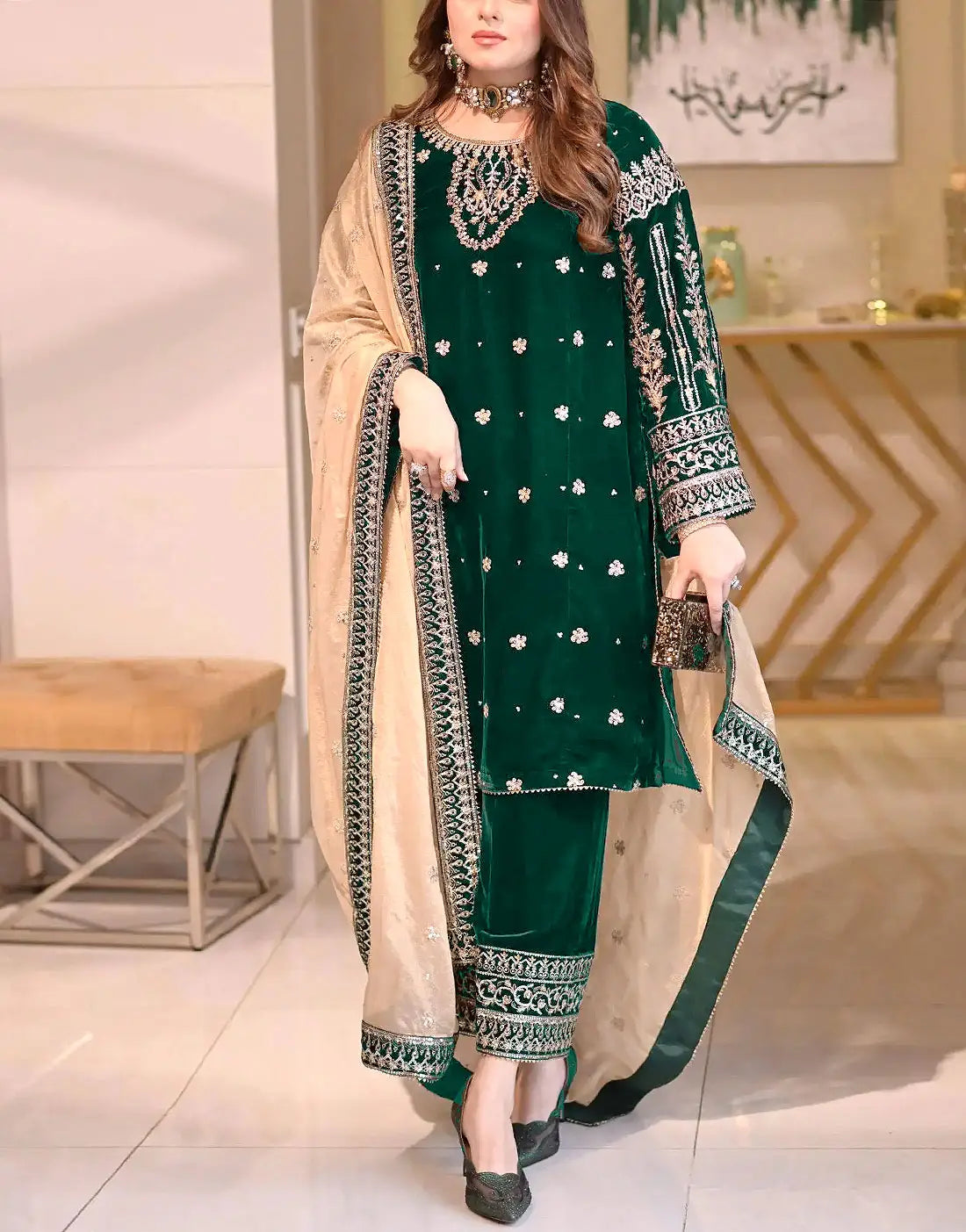 Luxe Embroidered with Handwork Bottle Green Velvet Dress - Perfect for Winter Events Best Price Online in Pakistan Luxe Embroidered with Handwork Bottle Green Velvet Dress - Perfect for Winter Events Best Price Online in Pakistan