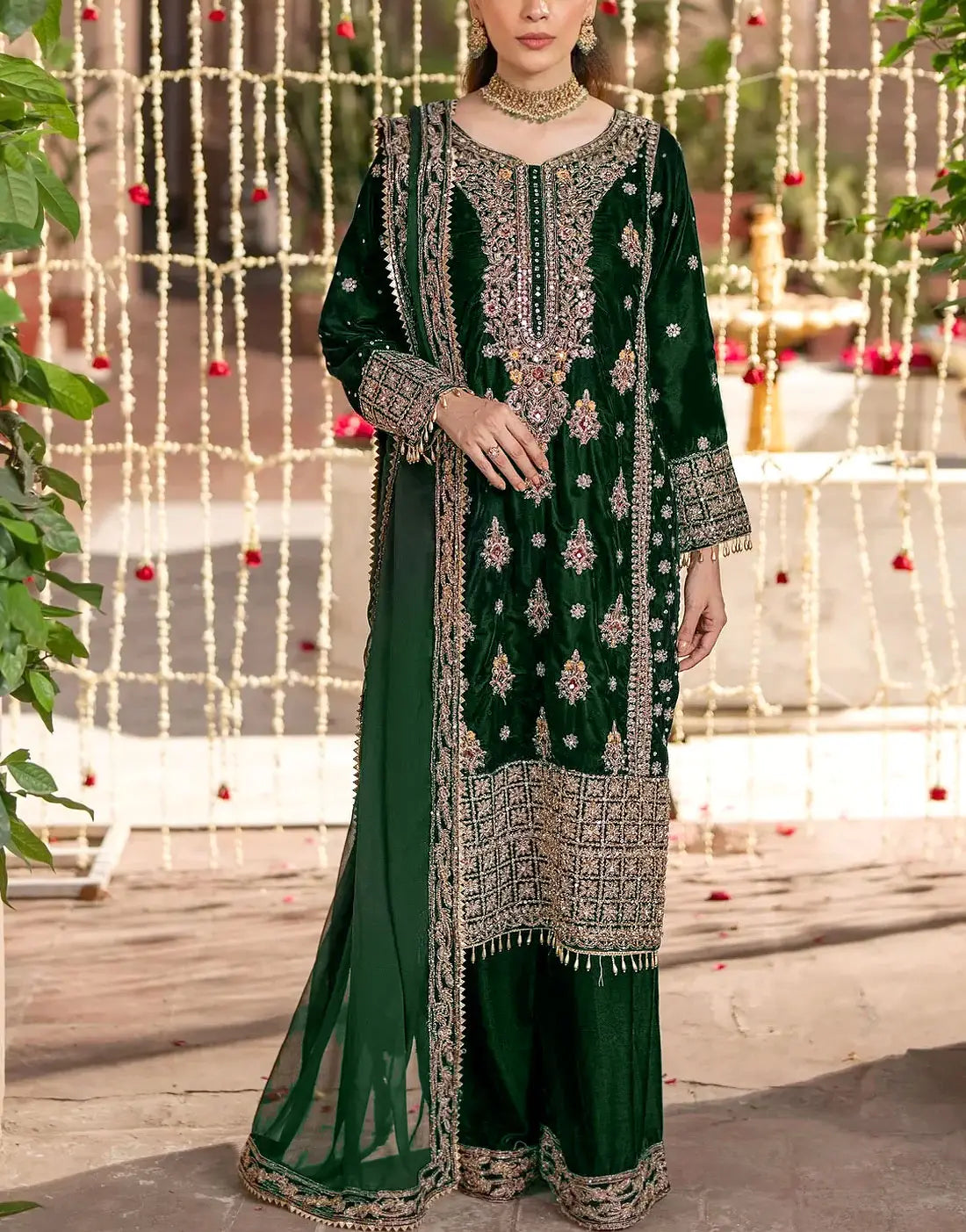 Glamorous Heavy Embroidered Bottle Green Velvet Dress with Rich Embellishments