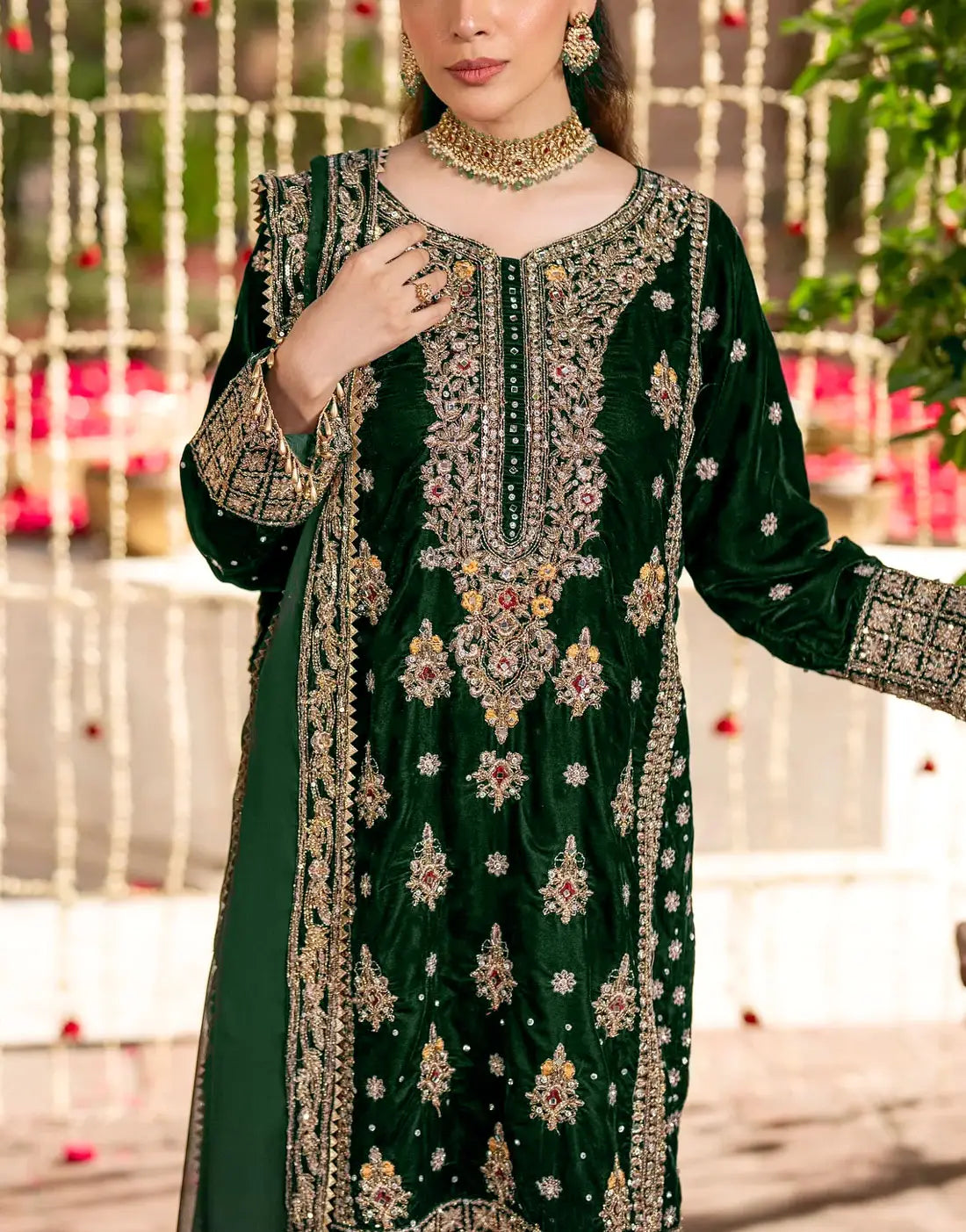 Glamorous Heavy Embroidered Bottle Green Velvet Dress with Rich Embellishments
