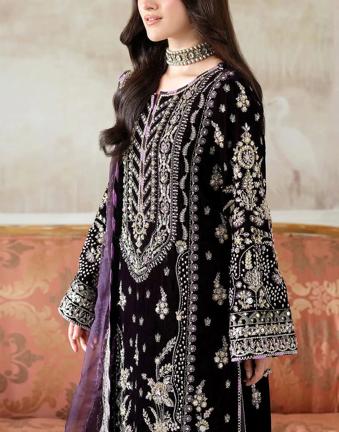 Luxurious Handwork Heavy Embroidered Velvet Dress with Organza Dupatta
