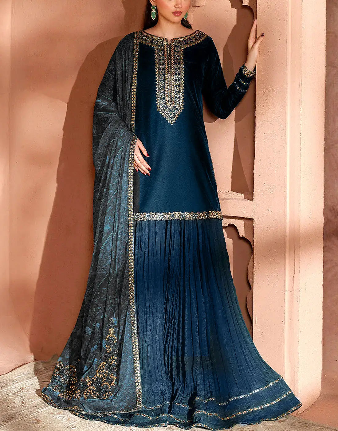 Glamorous Embroidered Peacock Blue Velvet Dress for Weddings & Parties