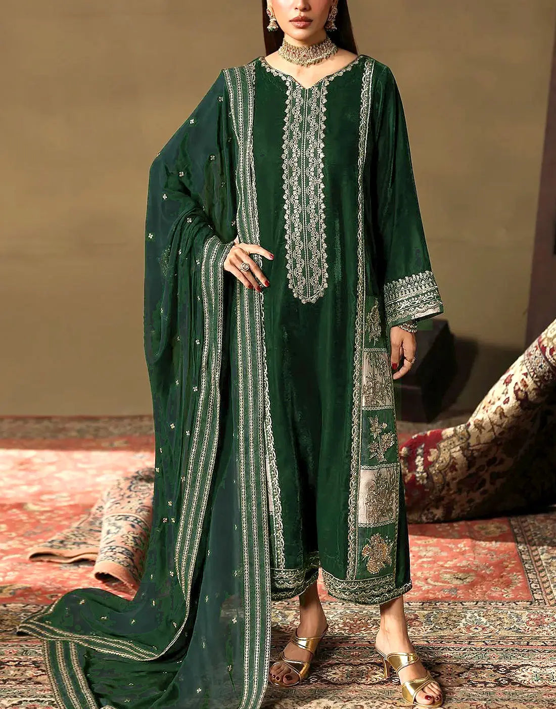 Luxurious Embroidered Bottle Green Velvet Dress for Mehndi & Weddings