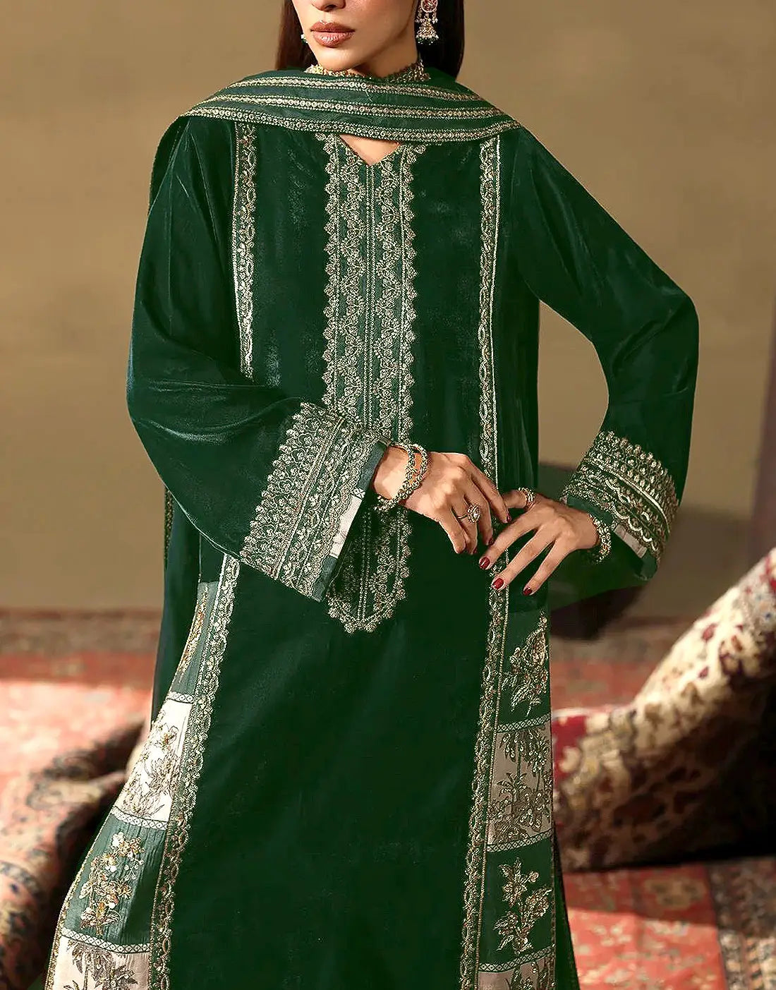 Luxurious Embroidered Bottle Green Velvet Dress for Mehndi & Weddings