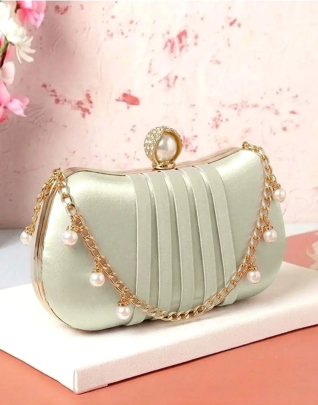 Glamorous Curved Rectangular Shape Pleated Satin Clutch Bag with Faux Pearl Clasp