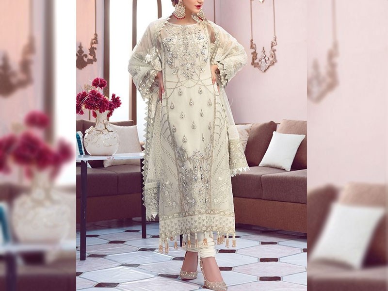 Heavy Embroidered Organza Party Wear Dress 2024