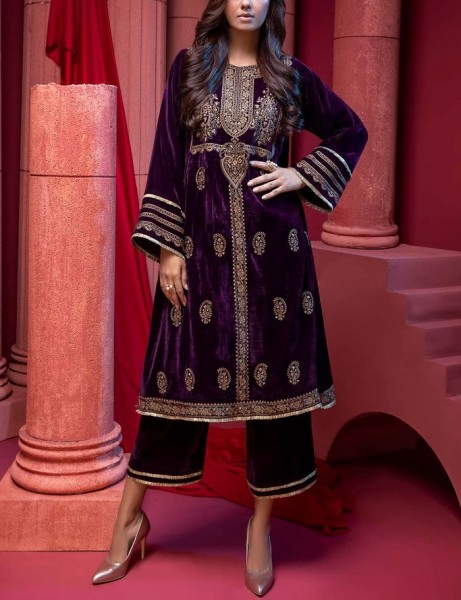 Heavy Embroidered Velvet Party Wear Dress with Jamawar Trouser