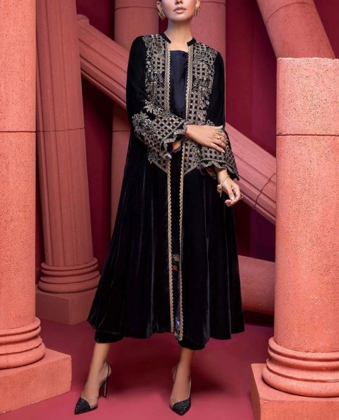 Heavy Embroidered Velvet Party Wear Dress with Jamawar Trouser