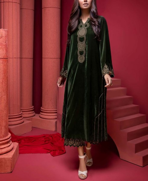 Heavy Embroidered Velvet Party Wear Dress with Jamawar Trouser