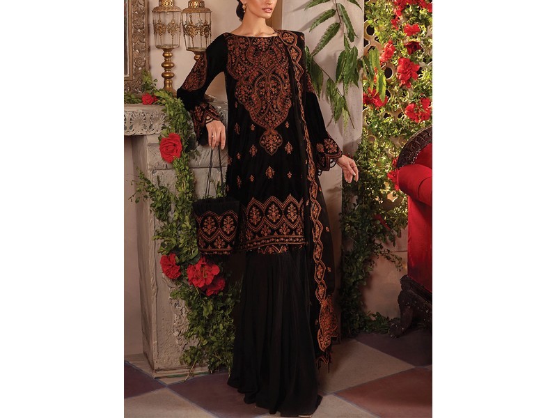 Heavy Embroidered Velvet Party Wear Dress with Jamawar Trouser