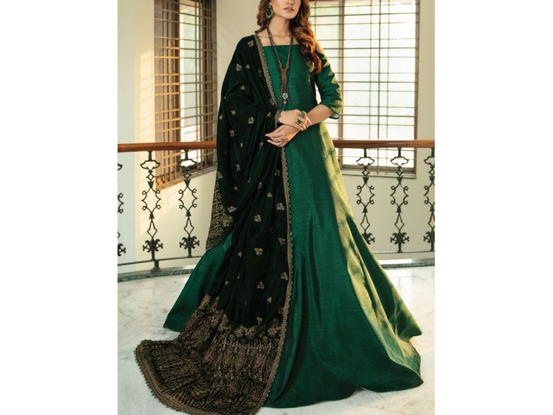 Heavy Embroidered Velvet Party Wear Dress with Jamawar Trouser