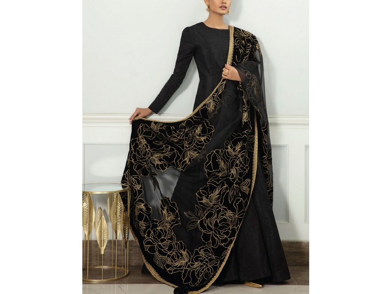 Heavy Embroidered Velvet Party Wear Dress with Jamawar Trouser